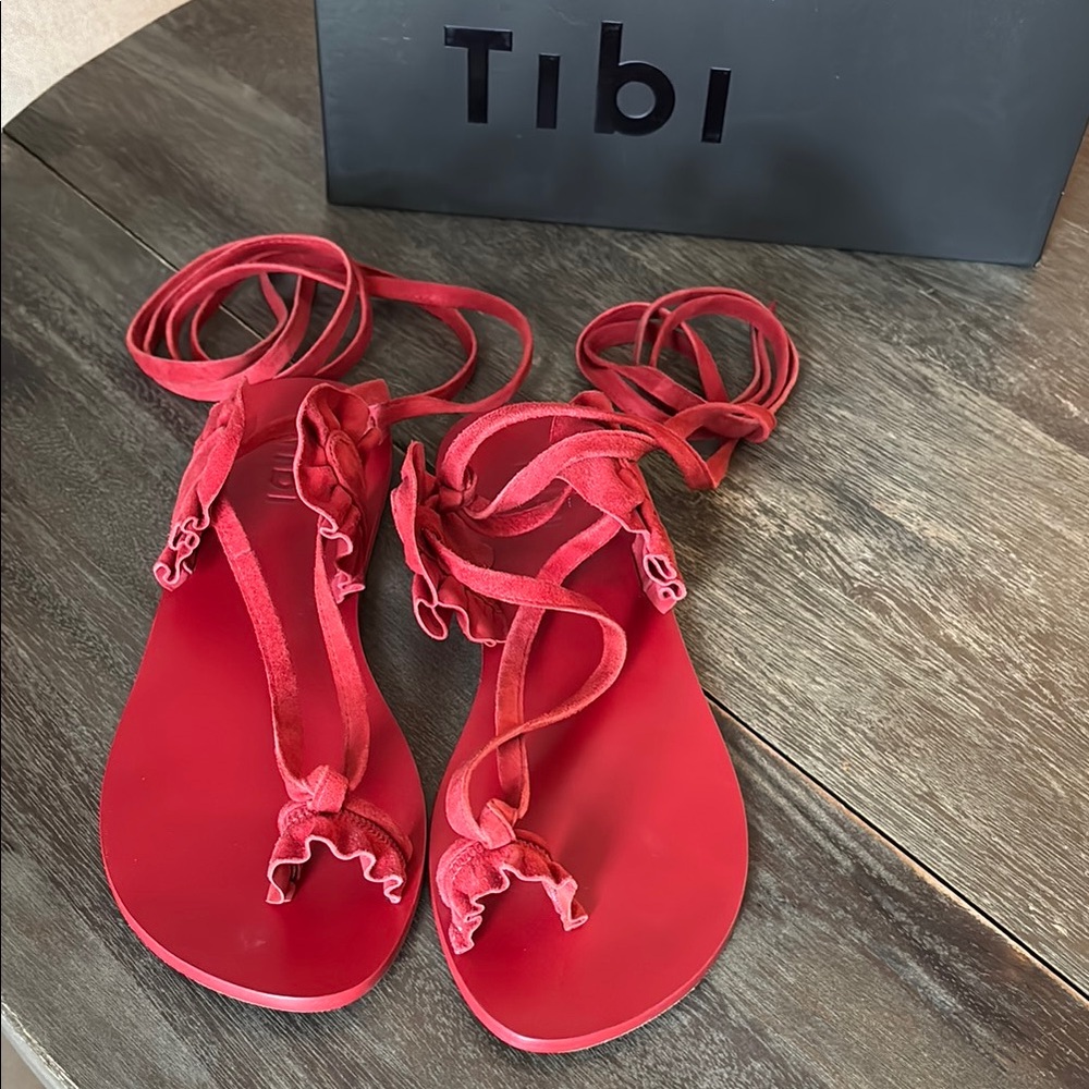 Tibi Red Ruffle Strap Sandals - Picture 3 of 6